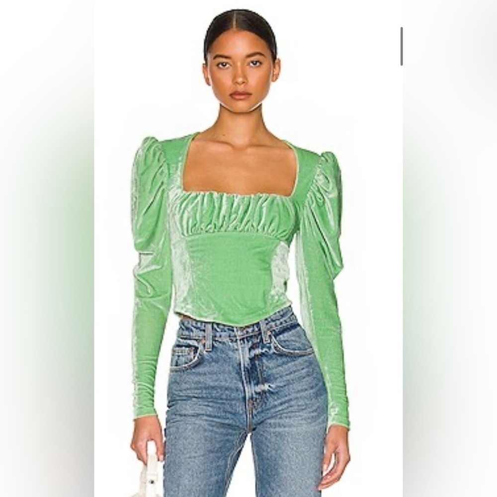 NWT Free People Hold Me Puff Sleeve Velvet Top in Sage‎ Brush